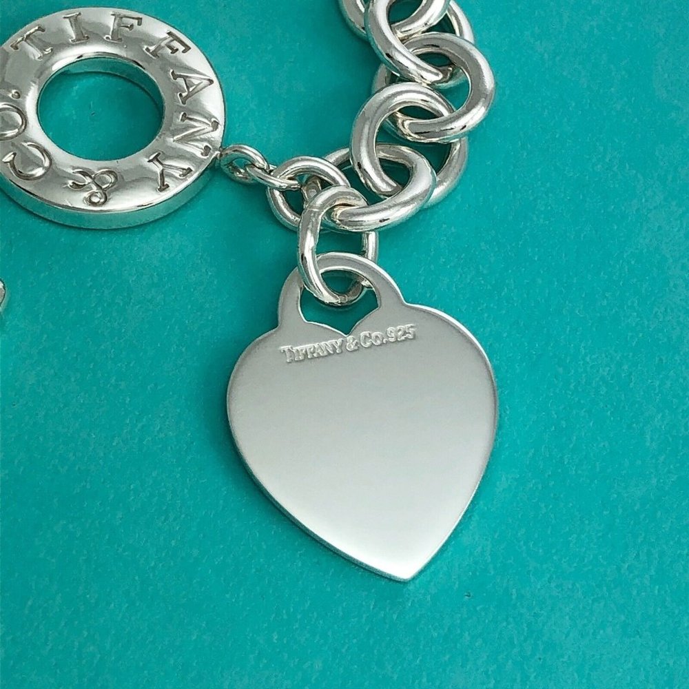 8.5" Tiffany & Co Blank Heart Tag Toggle Charm Bracelet GENUINE in Silver